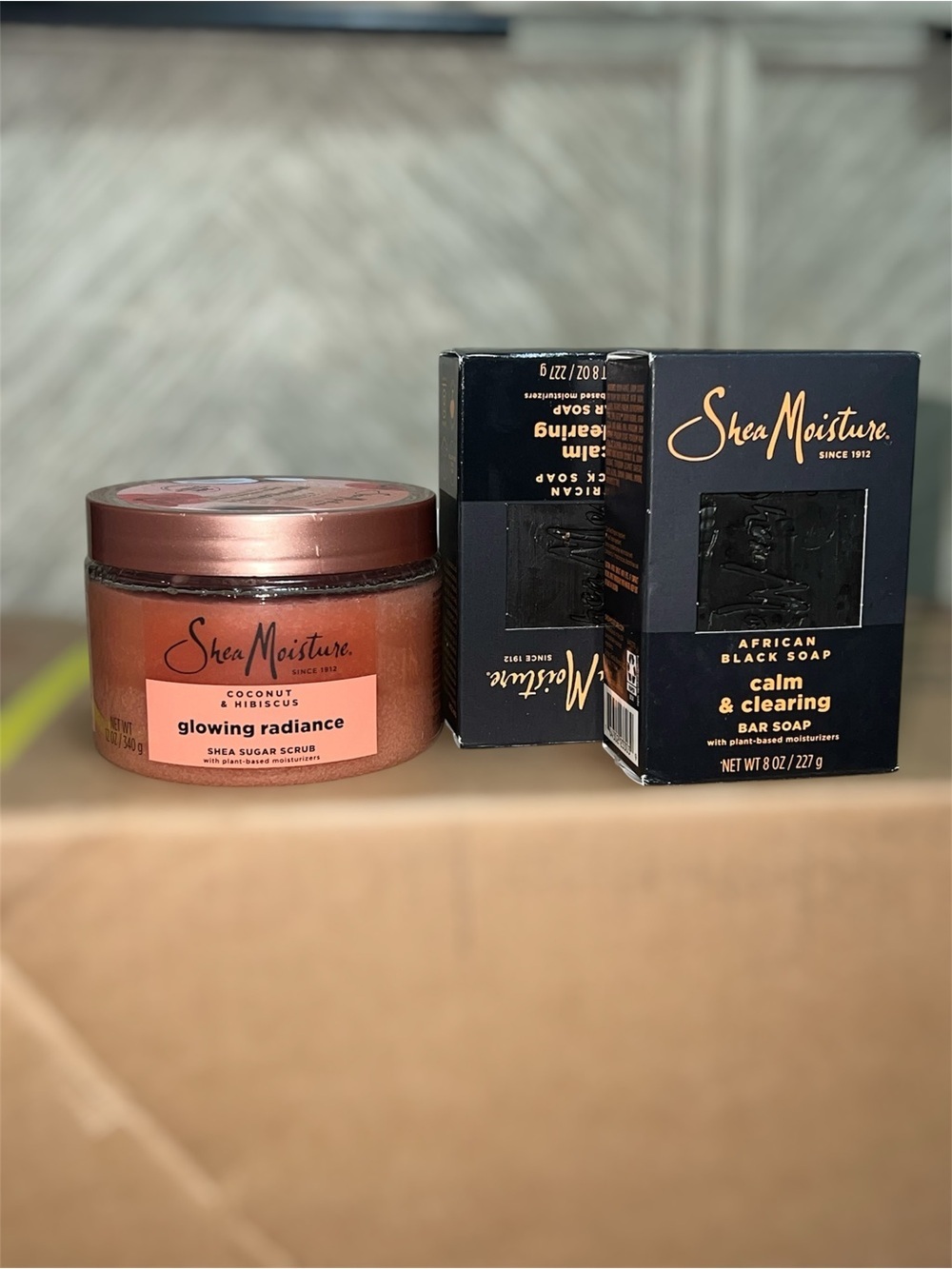 Shea Moisture pink coconut hisbiscus sugar scrub and black bar soap set
